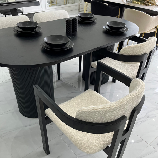 Luna Black Wood Oval Dining Table & Rio Bouclé Chairs Set