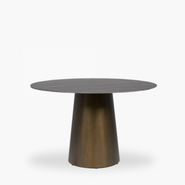 CRYUS STONE AND BRASS ROUND DINING TABLE