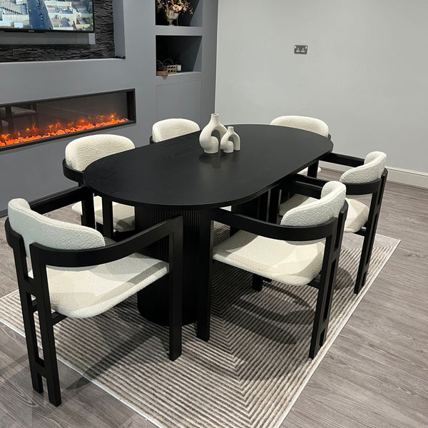 Luna Black Wood Oval Dining Table & Rio Bouclé Chairs Set