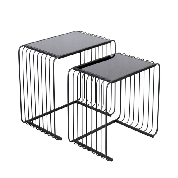 Set of 2 Black Metal with Black Glass Top Nesting Table