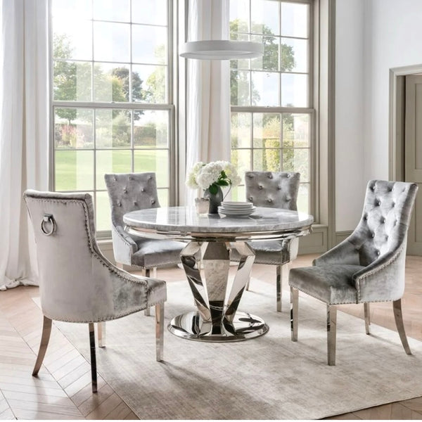 Camilla Round Marble Dining Table Set With 4 Riviera Chairs