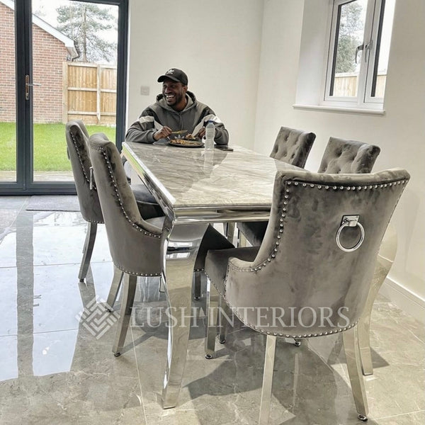 Tiffany Grey Dining Set With Grey Round Knocker Chairs - Various Sizes Available
