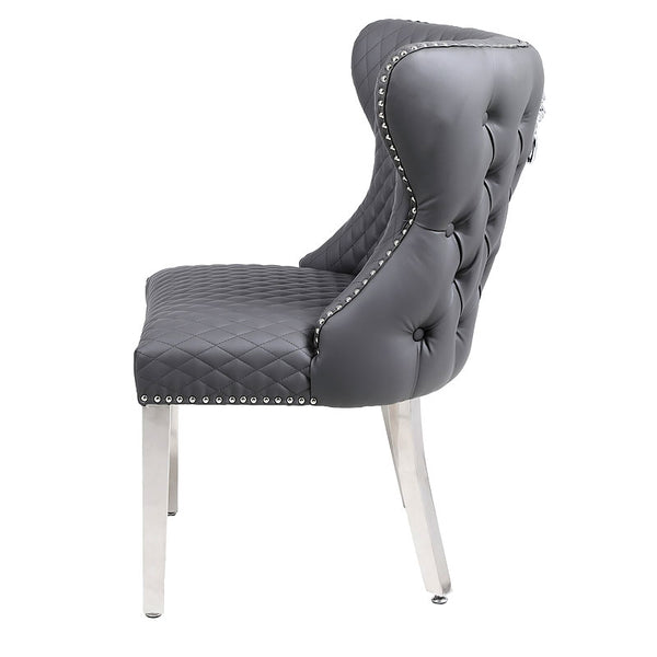Lucia Grey Leather Lion Knocker Dining Chair